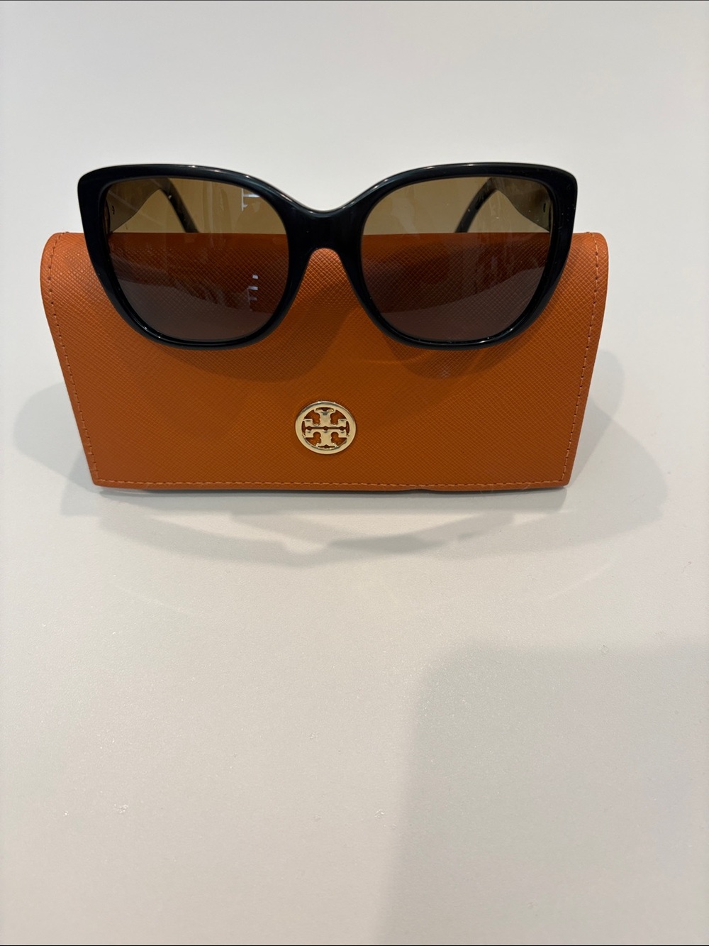 Tory Burch Black Frame Sunglasses with Brown Lenses and Orange Case